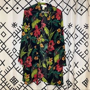 Vintage Hawaiian Floral Fauna Button Up Sheer Bikini Coverup Kimono Size XL